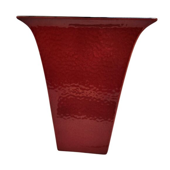 Red Textured Ceramic Vase With Glossy Black Interior Rectangular Flared Design 1 - Picture 1 of 16